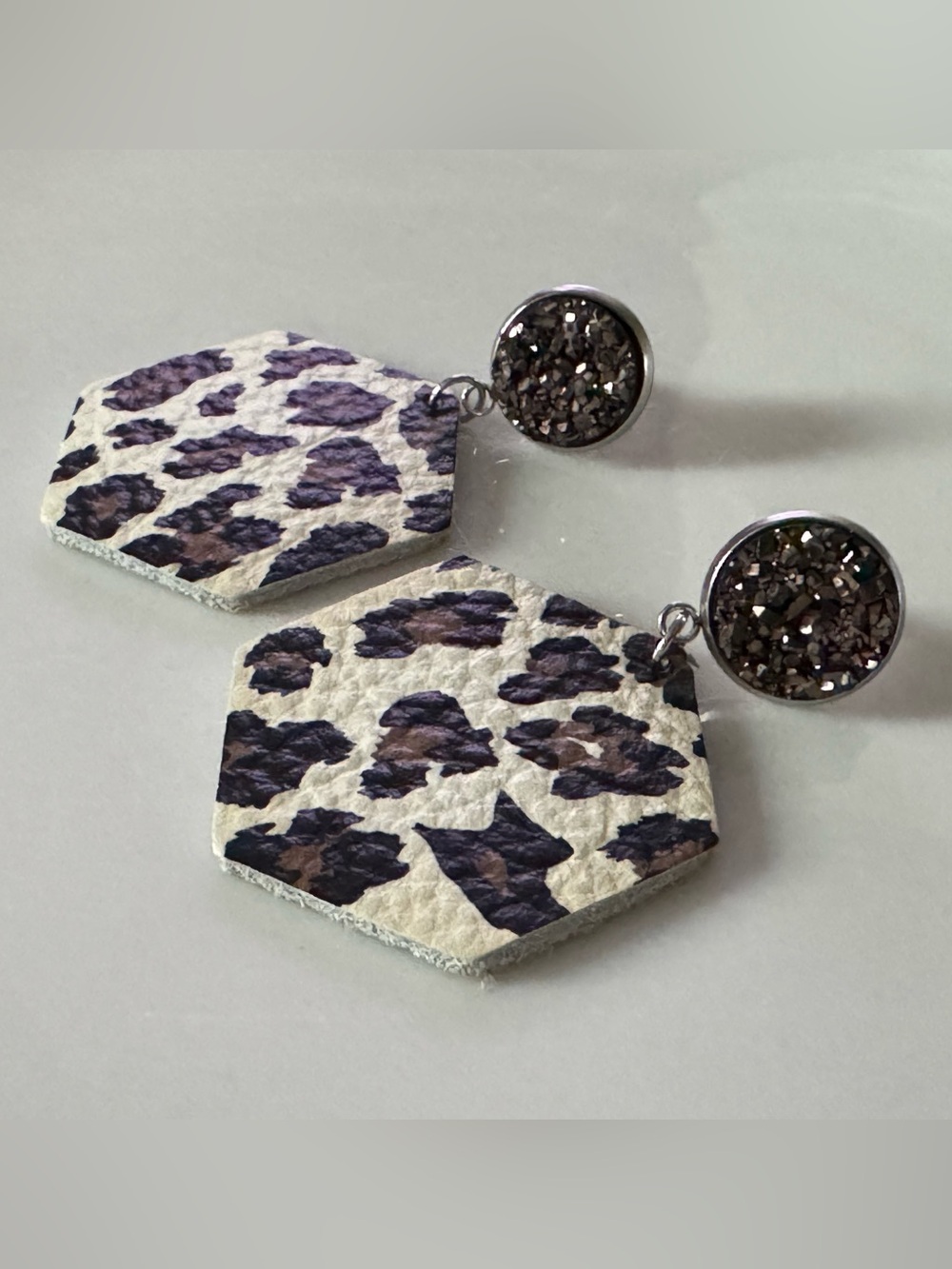 Round Druzy Top Leopard Print Hexagon Drop Earrings Creamy White & Brown Leather